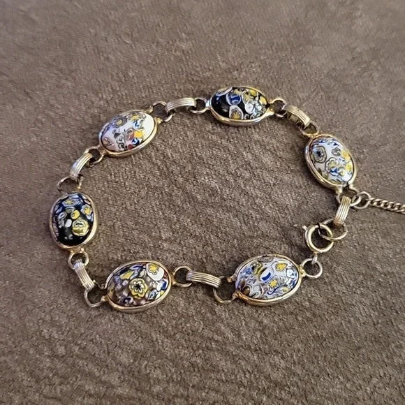 WEISS Antique Venetian Glass Cabochon Chain Bracelet Screw-on Earrings Set - Picture 2 of 7